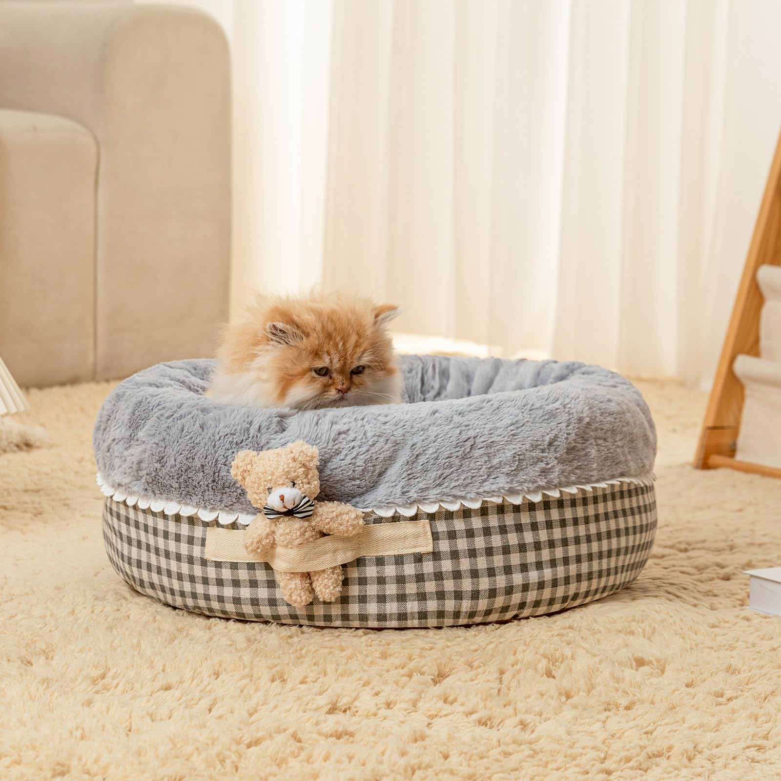 Jiupety Plush Donut Cat & Puppy Bed – Anti-Slip, Gray, 20" Round