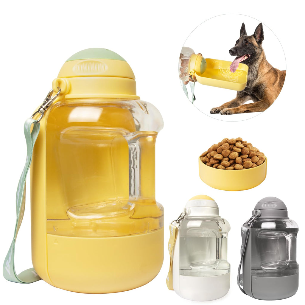 Dual-Purpose Dog Water Bottle & Food Holder (Yellow 35oz)